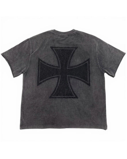 A dark gray washed short-sleeve t-shirt with a large black Iron Maiden 'Iron Cross' logo on the back, shown against a plain white background.