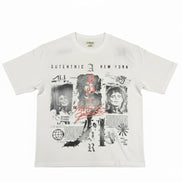 A white short-sleeve t-shirt with a large black and red graphic collage on the front, featuring the text 'AUTENTHIC NEW YORK' and various stylized elements, displayed flat against a white background.