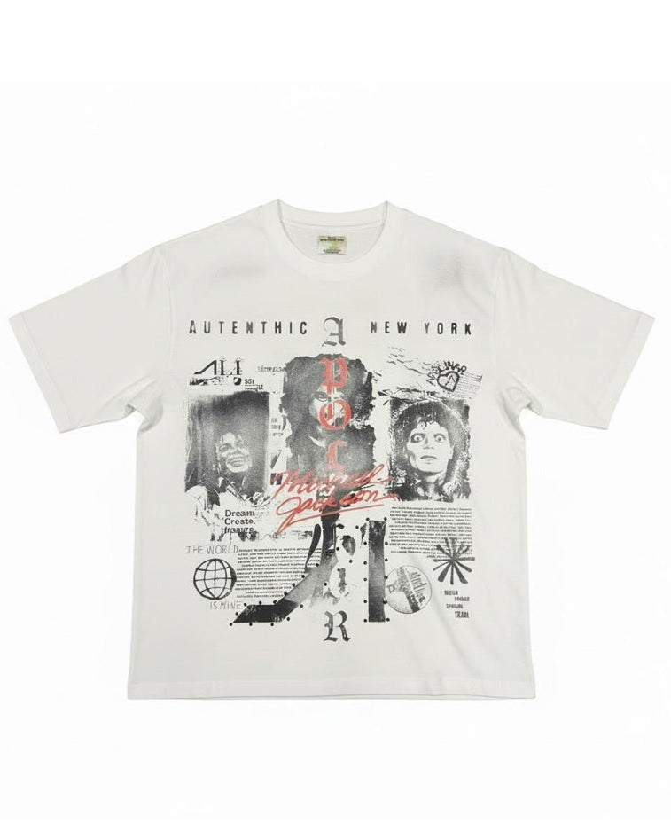 A white short-sleeve t-shirt with a large black and red graphic collage on the front, featuring the text 'AUTENTHIC NEW YORK' and various stylized elements, displayed flat against a white background.