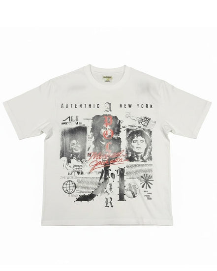 A white short-sleeve t-shirt with a large black and red graphic collage on the front, featuring the text 'AUTENTHIC NEW YORK' and various stylized elements, displayed flat against a white background.