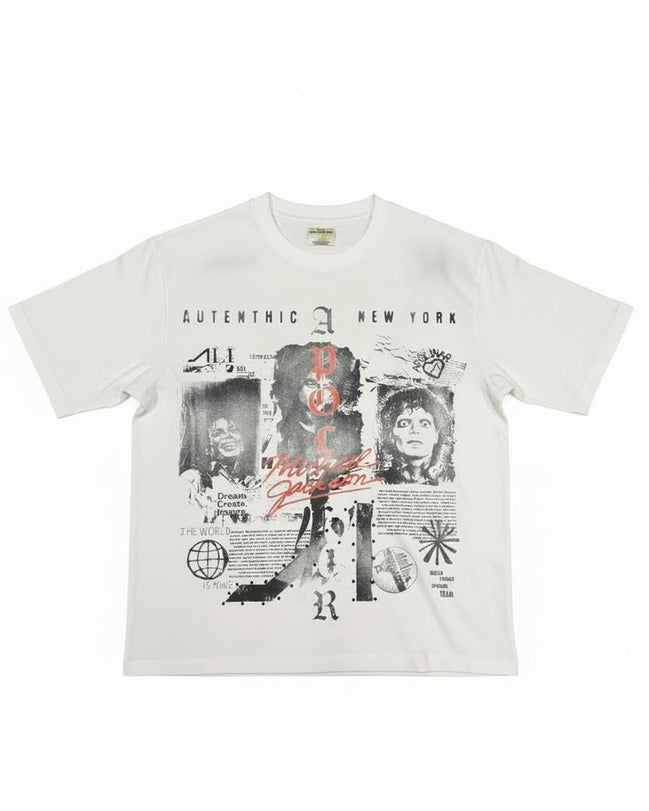 A white short-sleeve t-shirt with a large black and red graphic collage on the front, featuring the text 'AUTENTHIC NEW YORK' and various stylized elements, displayed flat against a white background.