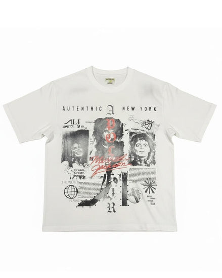 A white short-sleeve t-shirt with a large black and red graphic collage on the front, featuring the text 'AUTENTHIC NEW YORK' and various stylized elements, displayed flat against a white background.