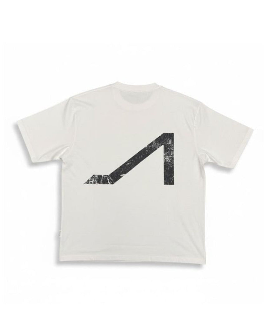 A white short-sleeve crewneck t-shirt featuring a large, distressed black geometric graphic on the front, displayed against a clean white background.