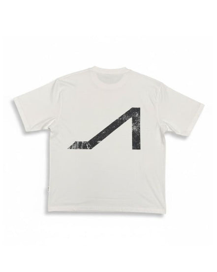A white short-sleeve crewneck t-shirt featuring a large, distressed black geometric graphic on the front, displayed against a clean white background.