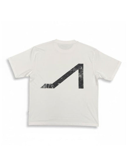 A white short-sleeve crewneck t-shirt featuring a large, distressed black geometric graphic on the front, displayed against a clean white background.