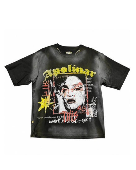 A black short-sleeve graphic t-shirt featuring a distressed, grunge-style print of a face with red glasses and yellow, white, and red text elements.