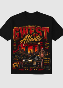 Black t-shirt with 'West Atlanta' graphic design featuring a car and cityscape on a light gray background.
