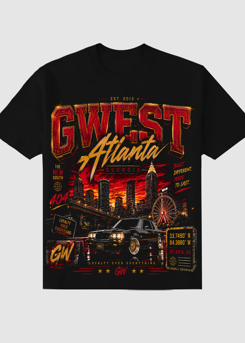 Black t-shirt with 'West Atlanta' graphic design featuring a car and cityscape on a light gray background.