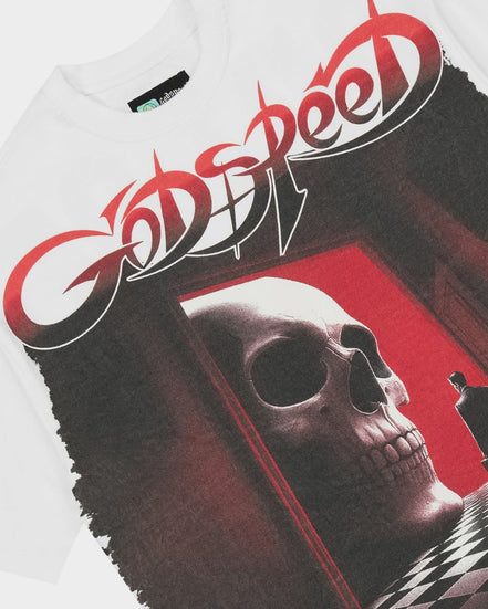A close-up of a white t-shirt featuring a large graphic print of the band Godspeed. The graphic displays the band's name in stylized red and white lettering above a surreal scene of a large skull in a doorway with a figure standing in the foreground.