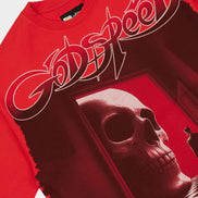 A red short-sleeve graphic T-shirt featuring the band name 'Godspeed' in stylized white and black lettering across the chest, with a large skull and dark hallway scene printed below.