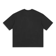 A black short-sleeve crewneck t-shirt shown from the back, laid flat against a solid white background.