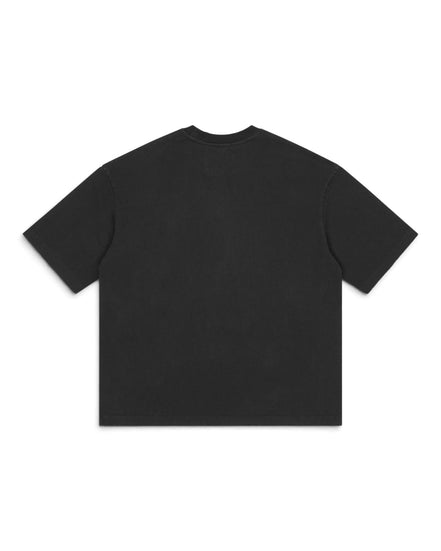A black short-sleeve crewneck t-shirt shown from the back, laid flat against a solid white background.