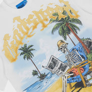 Sweatshirt with a skeleton reading a newspaper on a beach graphic