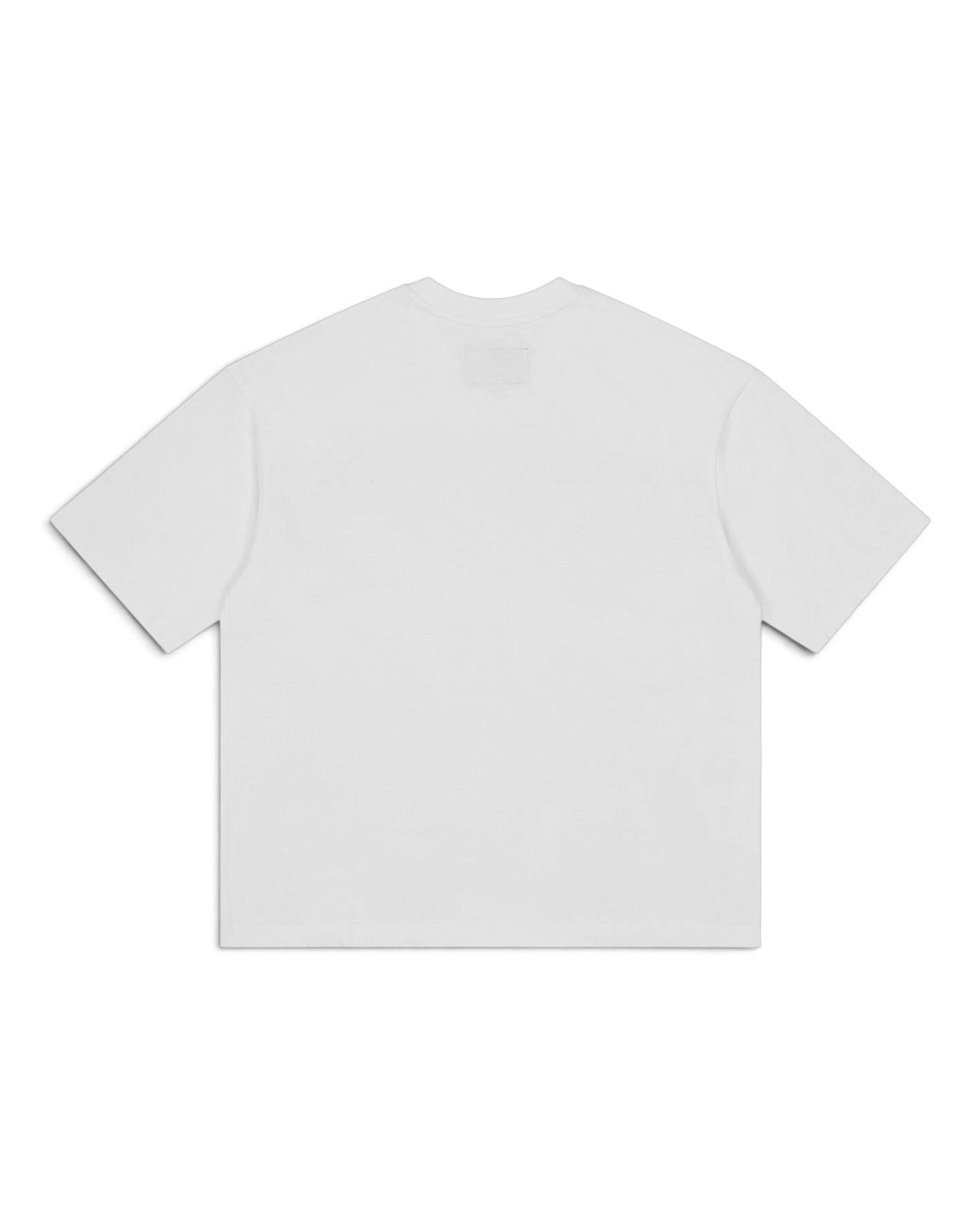 A plain white short-sleeve crewneck t-shirt shown from the back, laid flat against a clean white background.