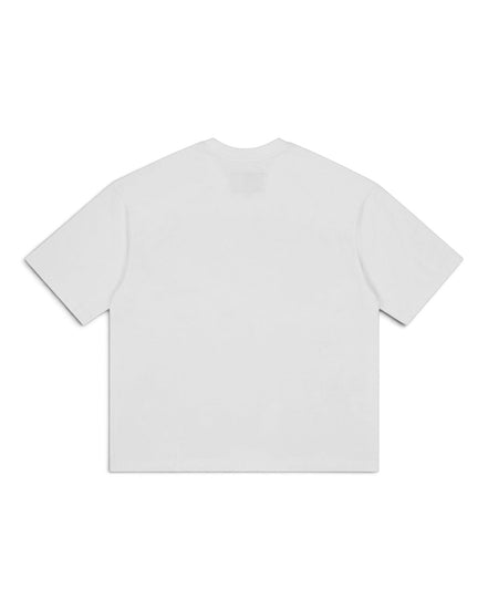 A plain white short-sleeve crewneck t-shirt shown from the back, laid flat against a clean white background.