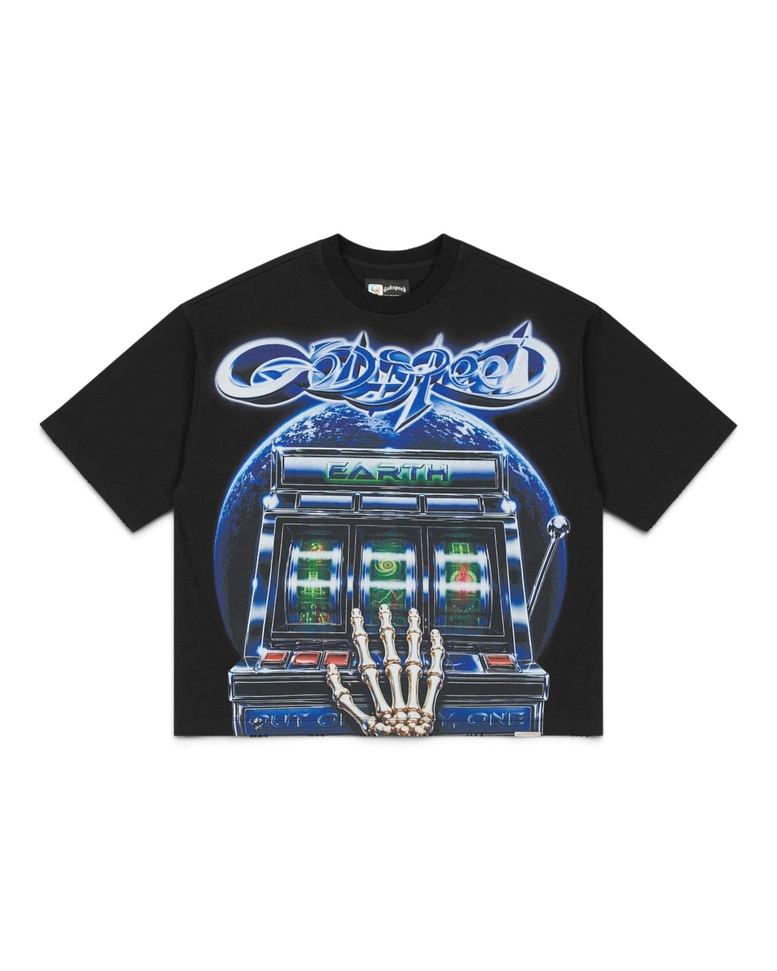 A black short-sleeve t-shirt featuring a large graphic print of the band Godspeed's 'Earth' album artwork, including a blue planet and a skeletal hand touching a slot machine, shown against a plain white background.