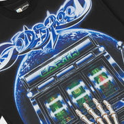 A black short-sleeve graphic T-shirt featuring the band Godspeed's 'Earth' artwork, including a blue planet, a glowing slot machine, and skeletal hands, shown on a light gray background.