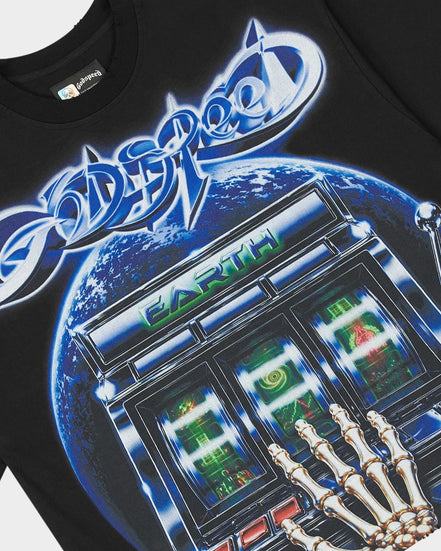 A black short-sleeve graphic T-shirt featuring the band Godspeed's 'Earth' artwork, including a blue planet, a glowing slot machine, and skeletal hands, shown on a light gray background.