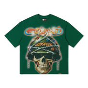 A dark green short-sleeve t-shirt featuring a large graphic print of a skull wearing a military helmet with 'GODSPEED' written on it, under a stylized 'Godspeed' logo.
