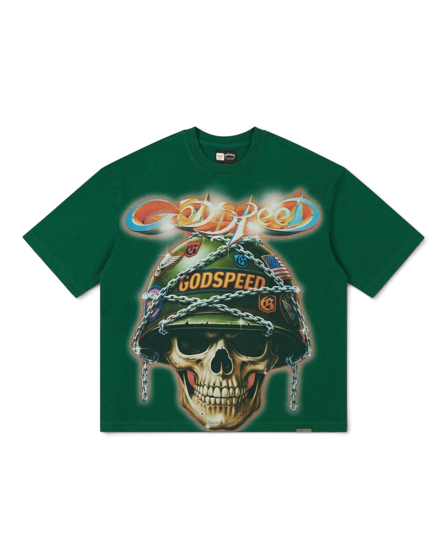 A dark green short-sleeve t-shirt featuring a large graphic print of a skull wearing a military helmet with 'GODSPEED' written on it, under a stylized 'Godspeed' logo.