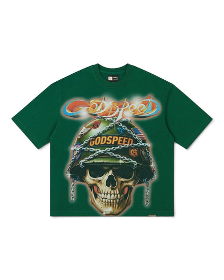 A dark green short-sleeve t-shirt featuring a large graphic print of a skull wearing a military helmet with 'GODSPEED' written on it, under a stylized 'Godspeed' logo.