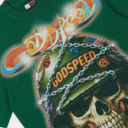 A close-up of a dark green t-shirt featuring a large graphic print of a skull wearing a military helmet with 'Godspeed' written on it, under a stylized 'Godspeed' logo.