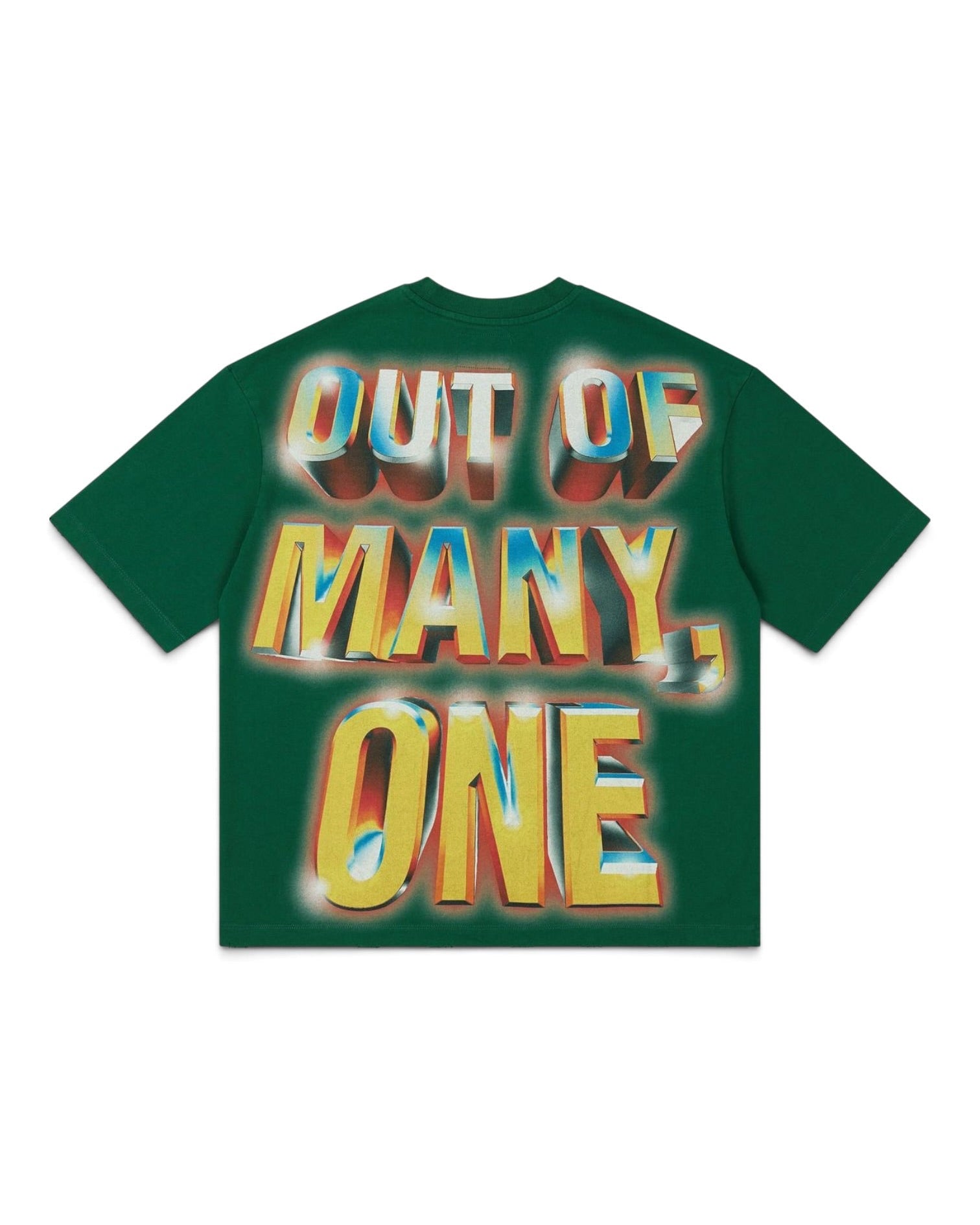 A dark green short-sleeve t-shirt with a large, colorful graphic text print reading 'OUT OF MANY, ONE' in a 3D metallic yellow, blue, and red gradient style, displayed flat against a white background.