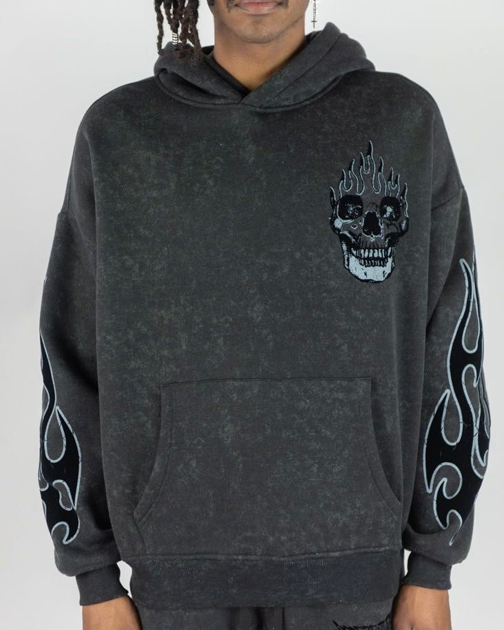 Flame Skull Acid Wash Hoodie