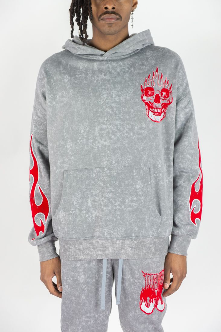 Flame Skull Acid Wash Hoodie
