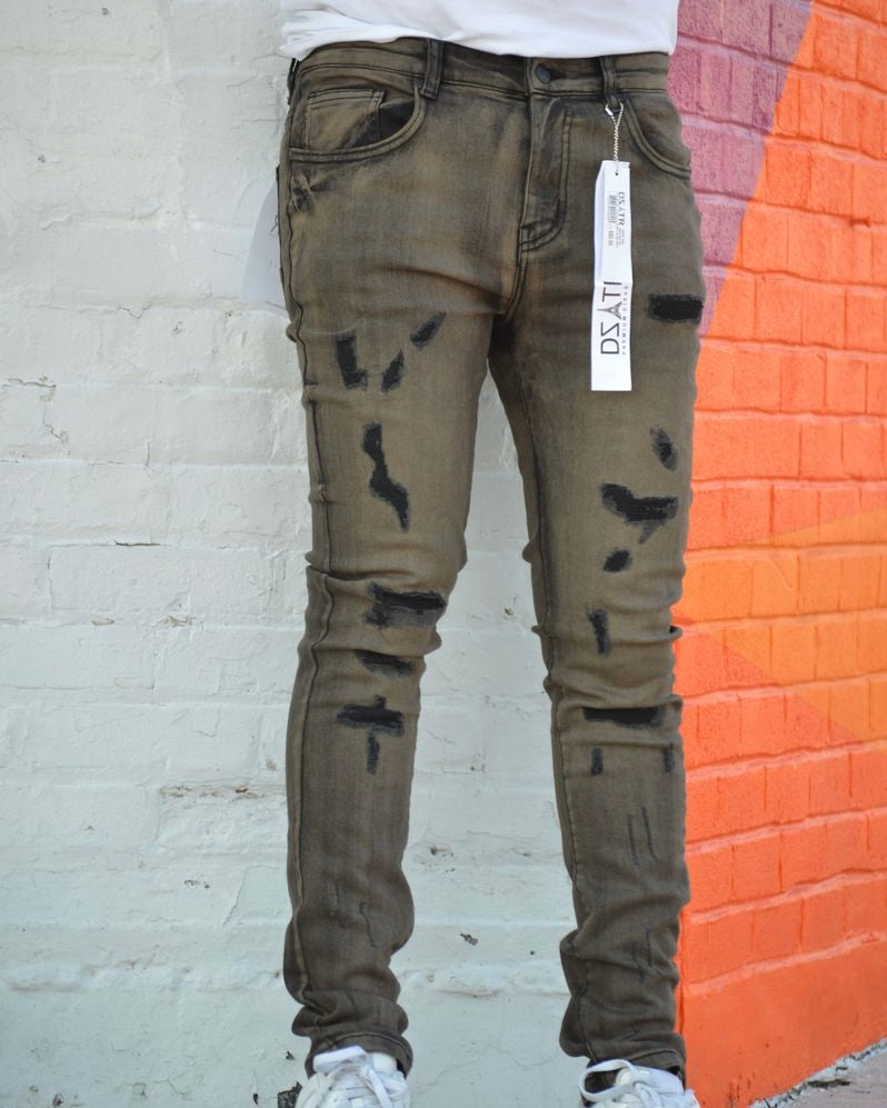 Distressed Olive Accented Skinny Jeans