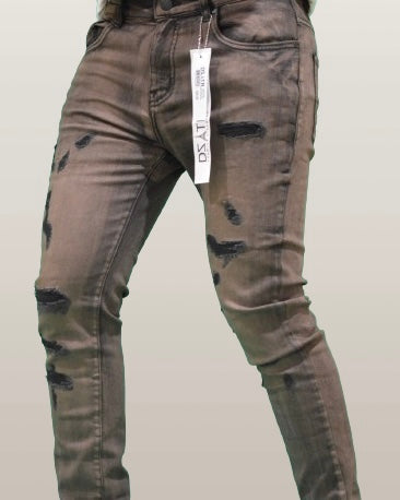 Distressed Olive Accented Skinny Jeans