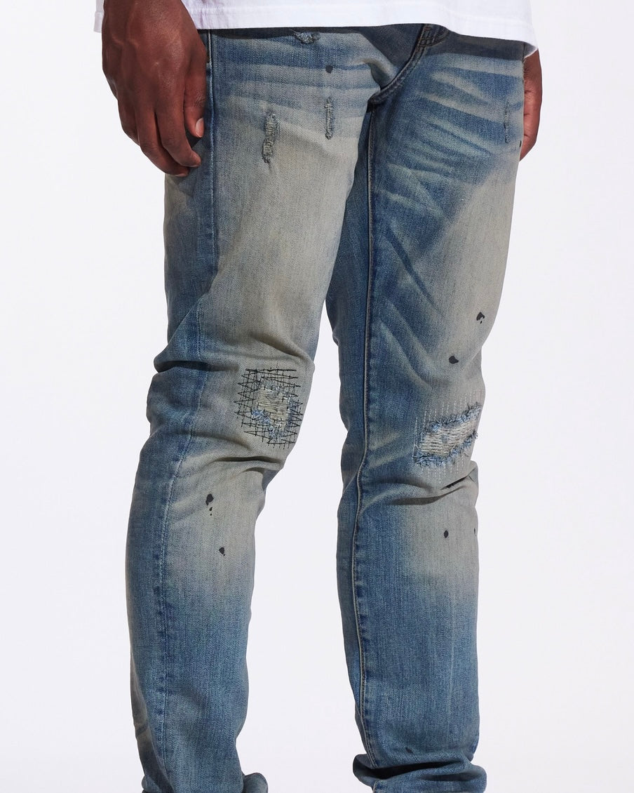 Fade Washed Paint Drip Slim Jeans