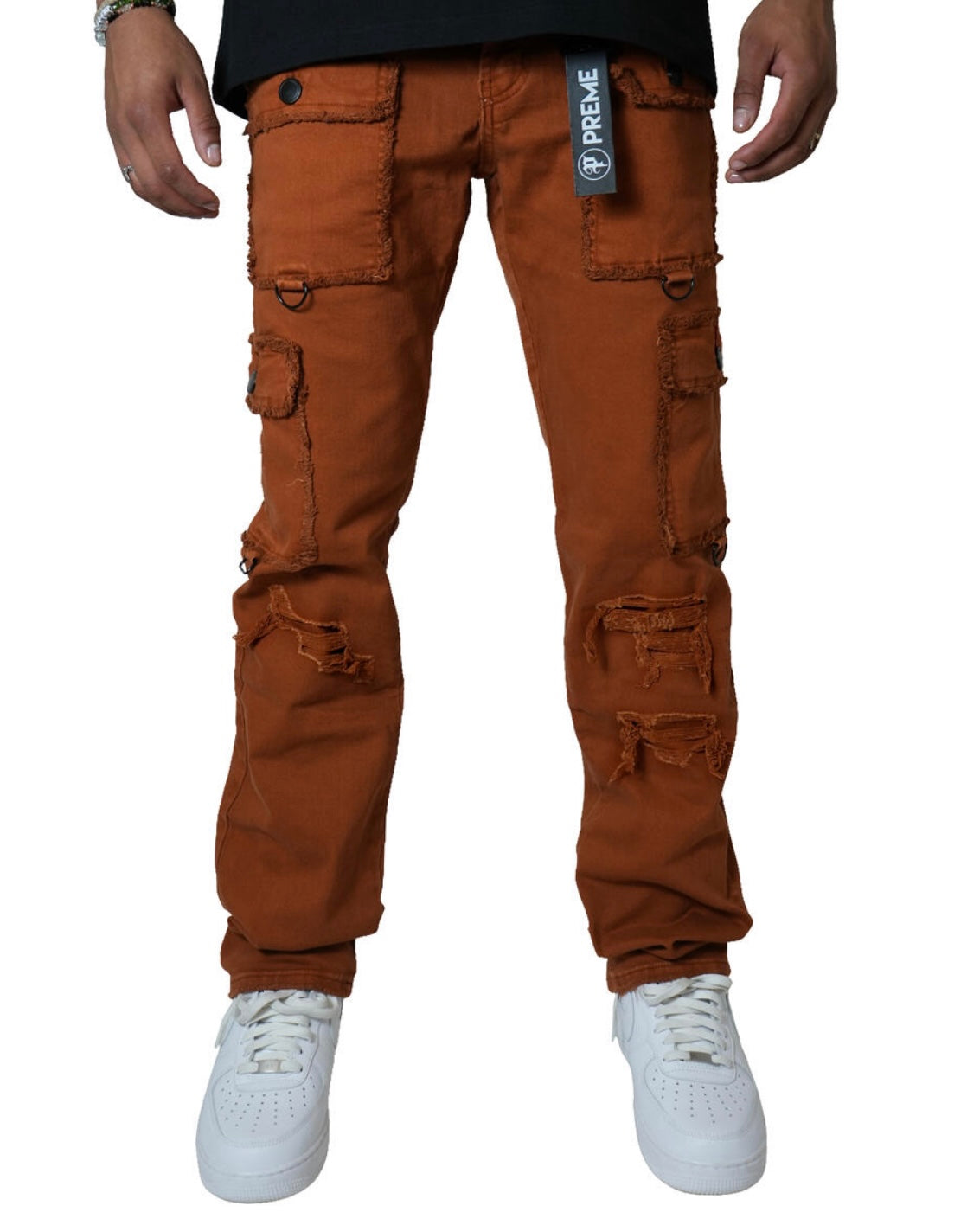 Distressed-Patched Cargo Denim Jeans
