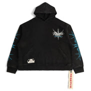 Black hoodie with brand logo and text on sleeves against a white background