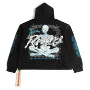 Black hoodie with a skeleton design on the back, displayed against a white background.