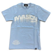 A light blue short-sleeve t-shirt with a distressed white graphic reading 'INVASION' and 'DENIM CTY' across the chest, displayed flat against a white background.