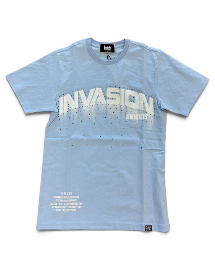 A light blue short-sleeve t-shirt with a distressed white graphic reading 'INVASION' and 'DENIM CTY' across the chest, displayed flat against a white background.