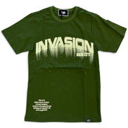 An olive green short-sleeve t-shirt with a distressed cream graphic reading 'INVASION' and ‘DENIM CTY' across the chest, plus small cream text near the lower left hem, shown on a plain white background.