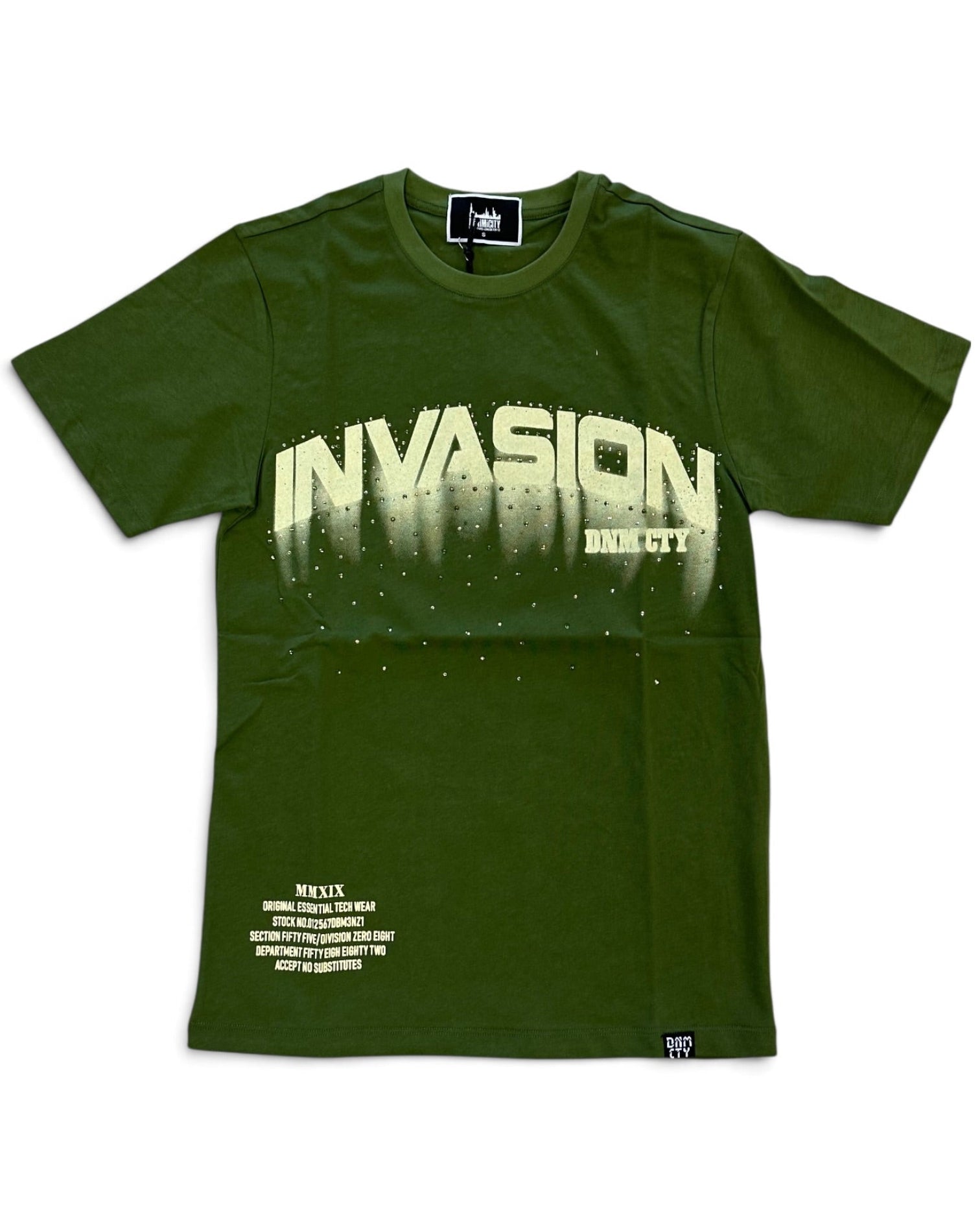 An olive green short-sleeve t-shirt with a distressed cream graphic reading 'INVASION' and ‘DENIM CTY' across the chest, plus small cream text near the lower left hem, shown on a plain white background.