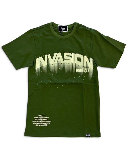 An olive green short-sleeve t-shirt with a distressed cream graphic reading 'INVASION' and ‘DENIM CTY' across the chest, plus small cream text near the lower left hem, shown on a plain white background.