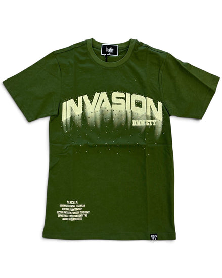 An olive green short-sleeve t-shirt with a distressed cream graphic reading 'INVASION' and ‘DENIM CTY' across the chest, plus small cream text near the lower left hem, shown on a plain white background.
