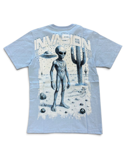 A light blue short-sleeve t-shirt with a large graphic print on the back featuring a gray alien, a cactus, a flying saucer, and the word 'INVASION' in distressed white letters.