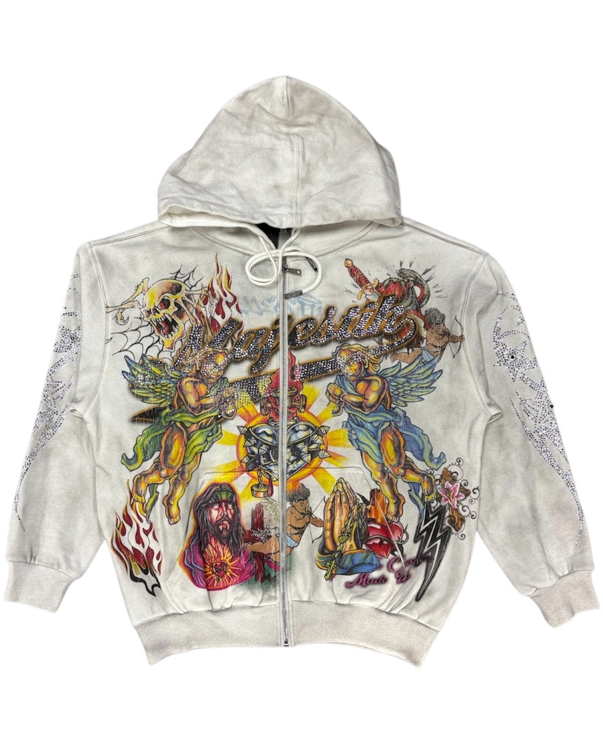 Hoodie with colorful graphic design on a white background