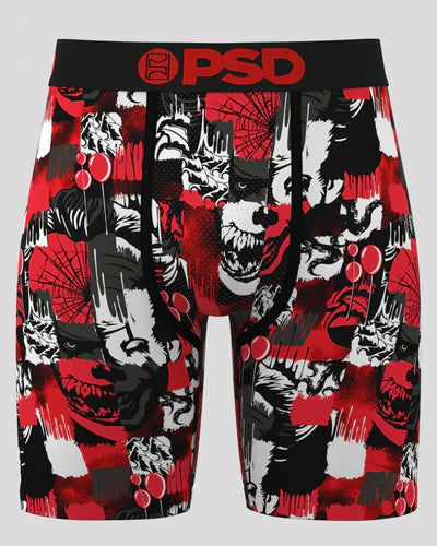 Red, black, and white patterned BRIEFs with 'PSD' branding on a gray background