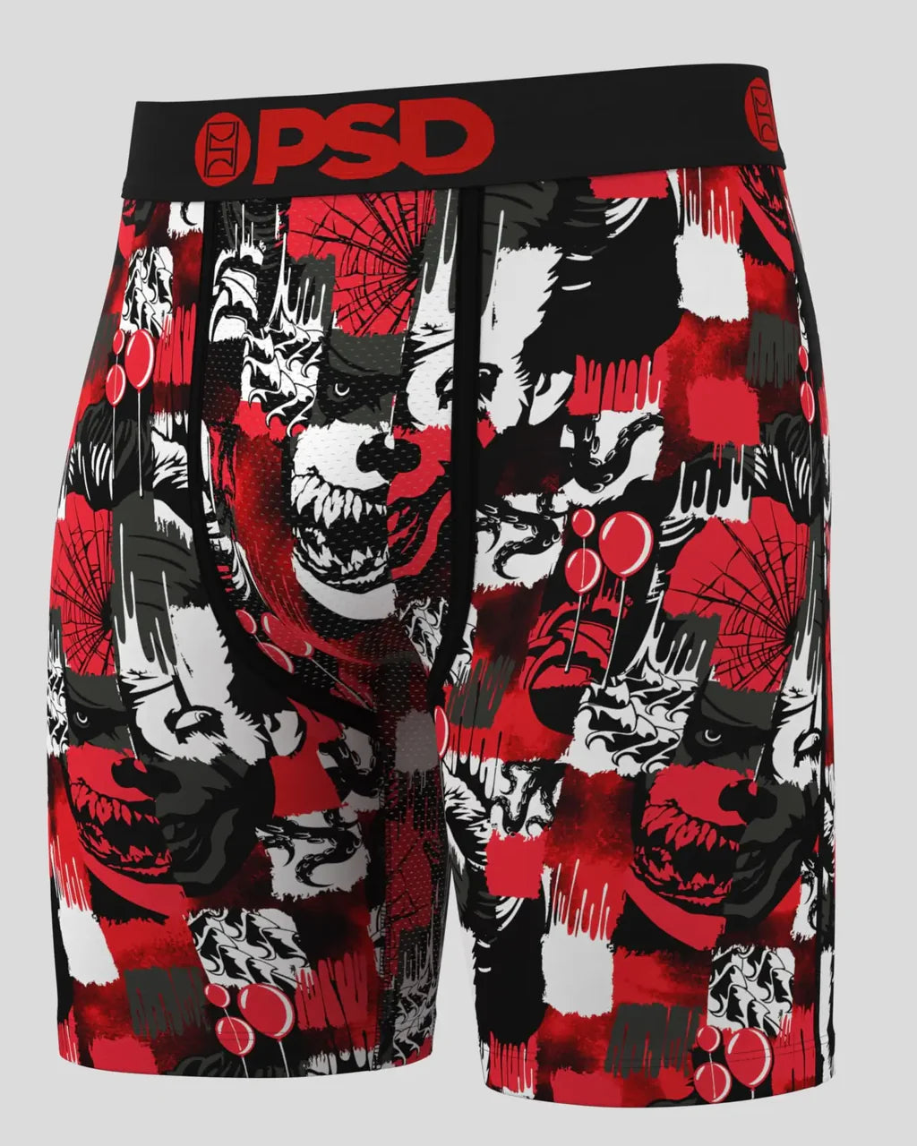 Red, black, and white patterned BRIEFs with 'PSD' branding on a gray background