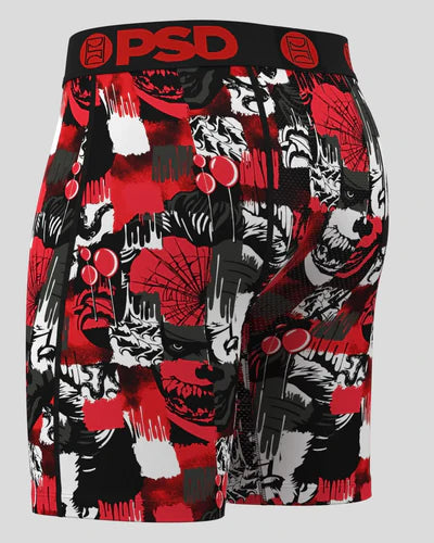 Red, black, and white patterned BRIEFs with 'PSD' branding on a gray background