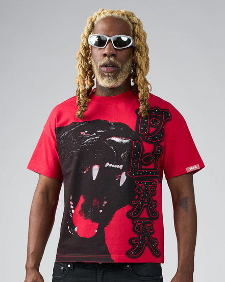 Person wearing a red t-shirt with a black panther graphic and text on a gray background