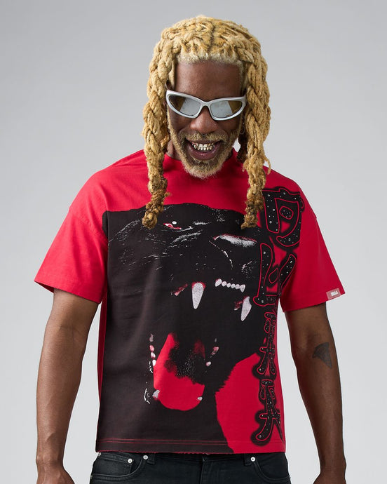 Person wearing a red and black graphic t-shirt with a panther design on a gray background