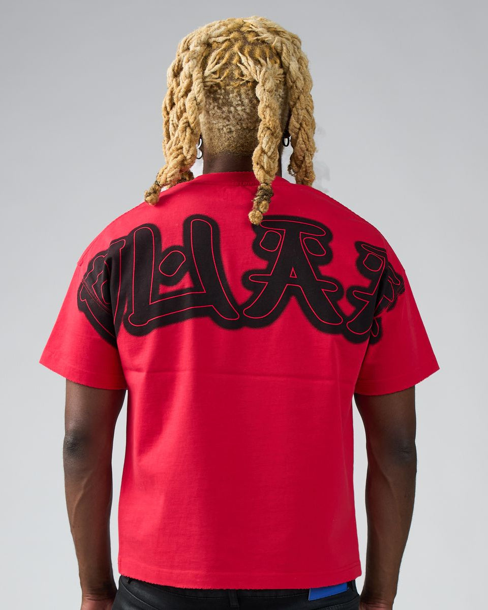 Person wearing a red t-shirt with black graphics on the back against a gray background