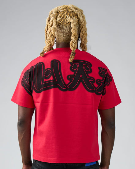 Person wearing a red t-shirt with black graphics on the back against a gray background